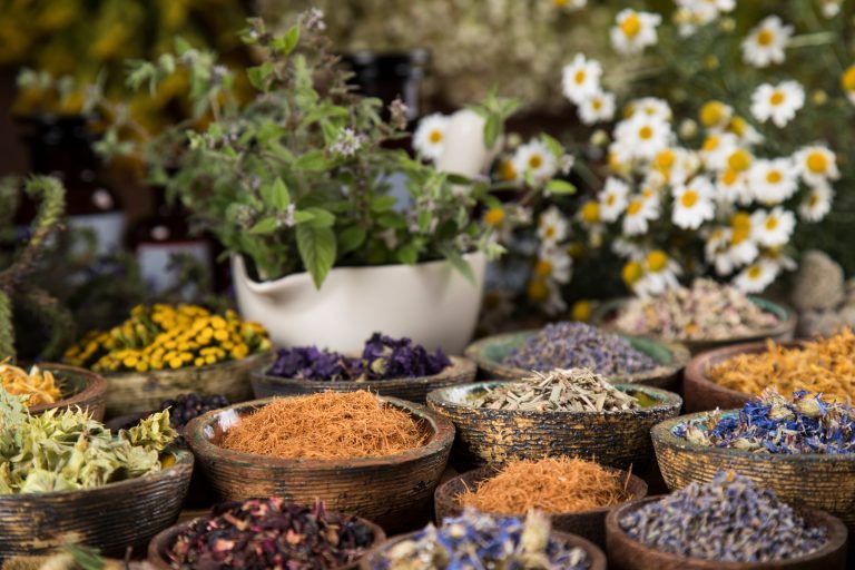 Herbs medicine and vintage wooden background