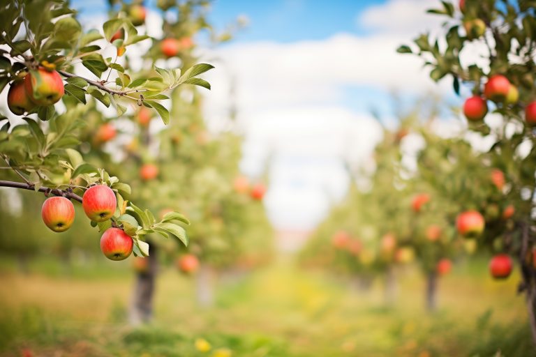 ripe apple orchard with red apples and fall foliage, created with generative ai